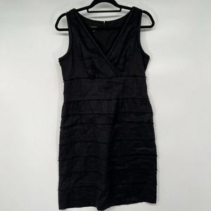 Talbots Linen Sheath Dress Sz 10 Black Faux Wrap V Neck Sleeveless Fringed Trim